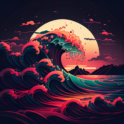 Ocean Wave Illustration illustration moon illustration ocean red sun sunset vibrant colors