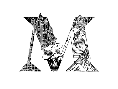Whalphabet #13 | Letter M | Malady 36 days of type babel babel tower black white blockchain coloseum design ethereum final fantasy graphic design illustration letter m lettering m mask nft shinra stairs storm whale