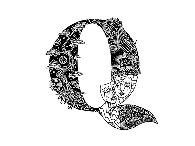 Whalphabet #17 | Letter Q | Quiet 36 days of type black white blockchain design drakar ethereum graphic design illustration letter q lettering mask nft primal q typography universe viking whale yggdrasil