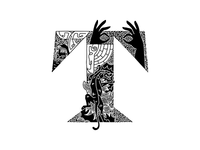 Whalphabet #20 | Letter T | Twins 36 days of type black white black panther blockchain design ethereum graphic design hands illustration ink jungle letter t lettering maze panther see swamp t web3 whale