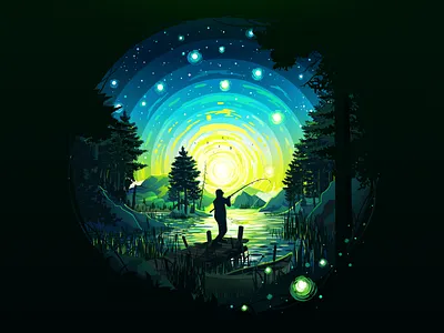 Morning Fishing 🎣 art circle fish fishing forest green illustration impressionism inspire lake landscape morning nature negative popular proart prokopenko river scene trend