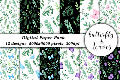 Watercolor Pattern Butterflys Greenery for fabric, wallpaper background black blue botanical style branding butterfly clipart design flowers graphic design greenery illustration leaves pink butterfly purple seamless pattern spring summer watercolor wedding