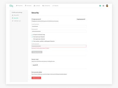 Security for Cliq CRM + ATS account ats clean crm desktop easy emre error interface password product product design recruiters recruitment saas security settings simple ui ux