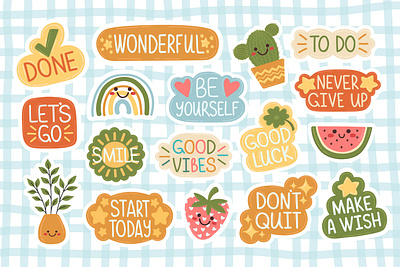 Set of positive stickers doodle friendly graphic design