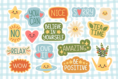 Set of positive stickers doodle friendly graphic design