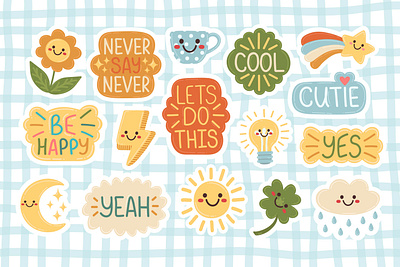 Set of positive stickers doodle friendly graphic design