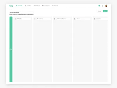 Cliq CRM + ATS Pipeline Editing app ats clean columns crm design desktop easy edit emre interface kanban pipeline product product design recruitment saas simple ui ux