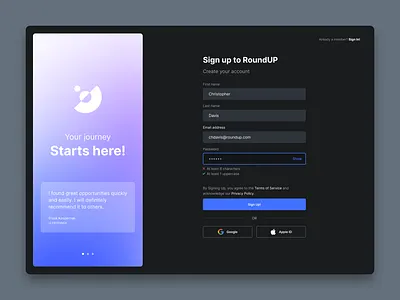 RoundUP - Sign up page dark figma flow form gradient interaction login minimal module process sign in sign up split screen ui ui design ux ux design web web design web flow