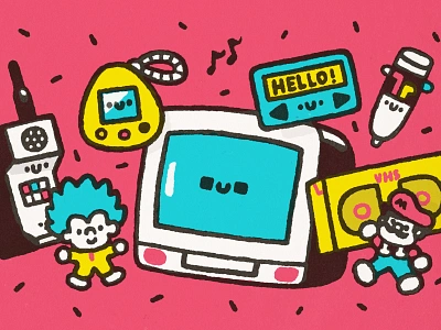 Tamagotchi Bandai, Mario, VHS, TV, Pen, Toys bandai cartoon cute design doodle fun game graphic design illustration japanese kawaii mario nintendo pager pen retro stuff tamagotchi toy tv vhs