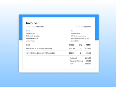 DailyUI #046 Invoice blue daily ui dailyui email furniture gradient invoice mail shadow ui