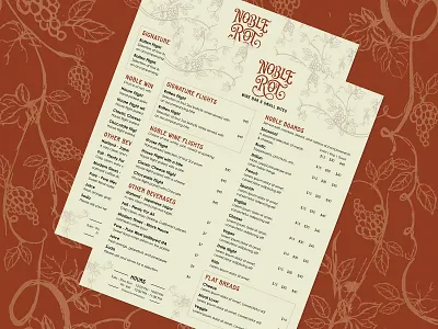 Noble Rot Menu Design hand lettering lettering menu design wine wine bar wine bar logo wine bar menu wine brand winery branding