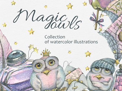Magic owls birds blue branding candy clip art collection design feat hand drawn illustration letters magic owl owls sweets watercolor winter