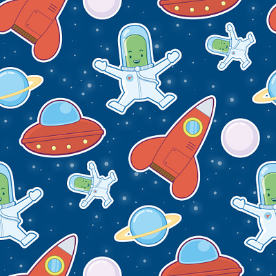 Space pattern alien astronaut drawing fabric grapics illustration illustrator pattern pattern design planet rocket space stars ufo vector