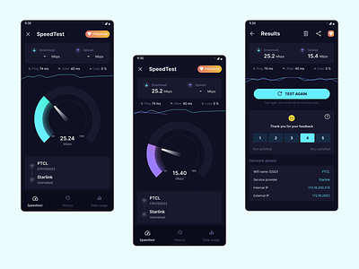 Internet Speed Test Mobile App app design dark ui datausage design download historycheck internets mobile app speed speedcheck speedmeter speedtest test trending ui upload ux