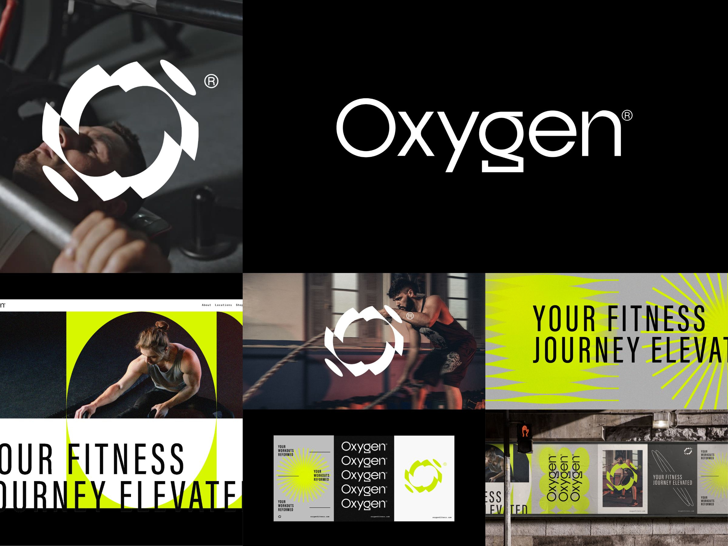 Oxygen Fitness Brand Identity Logo Design black brand identity branding center coach fitness geometric graphic design gym icon logo logo design logotype mark motion neon o vector weight workout