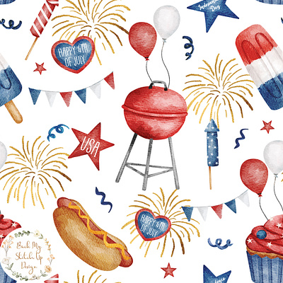 Fourth of July Seamless Pattern american childrens custom design fabric design fourth of july graphic design illustration independence day patriotic seamless pattern surface pattern textile design usa watercolor