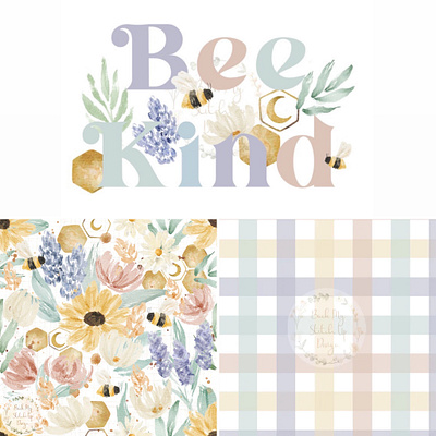 "Bee Kind" Floral seamless pattern with matching graphic bee bee kind daisies floral gingham gold accents illustration lavender pastel plaid seamless pattern sublimation file summer sunflower surface pattern textile design watercolor watercolour wildflower