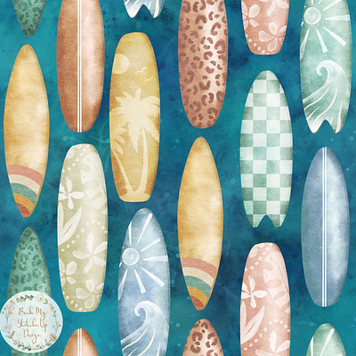 Surfboard Seamless Pattern childrens custom digital fabric design freelance graphic design illustration seamless pattern surface pattern surfboard surfing textile design tropical watercolor