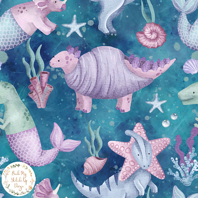 Underwater Dinosaurs childrens design dinosaur fabric design freelance fun illustration illustrator mermaid nautical sea life seamless pattern surface pattern swimwear textile design watercolor