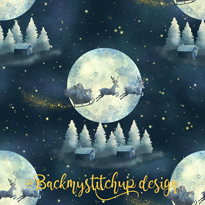 The Night Before Christmas childrens christmas fabric design father christmas illustration magical moon night sky reindeer rudolph santa santa claus seamless pattern surface pattern textile design watercolor