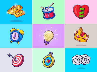 Random Object🥁🎲⏰💡 bow clock compass crown cute dice drum game gold heart hobby icon illustration lamp logo money music sport stuff watch