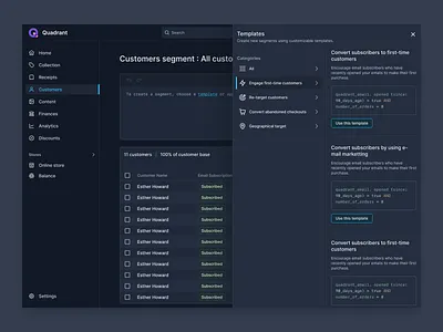 Quadrant || Templates coding customers dark mode design e commerce product desing side panel sidebar templates ui ux web design
