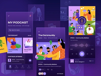 Podcast Mobile App Design app application book collaboration community dark gradient hand illustration icon illustration ios microphone mobile orely people podcast purple radio thumbnail ui design