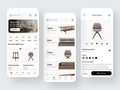 Furniture Store Mobile App chair clean decoration design e commerce ecommerce furniture furniture app furniture store home decor interior interior design mobile mobile apps online shop online store shopping sofa uiux ux