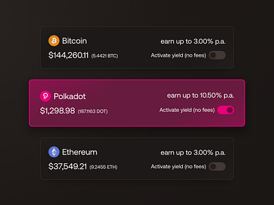 APY Cards btc crypto dark mode design finance interface investing polkadot trading ui web web 3 yield