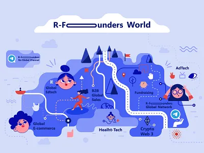 R-Founders 2d ad b2b blue branding businesses characterdesign corporate crypto design flat flat illustration global groups illustration illustrator logo map social media vector