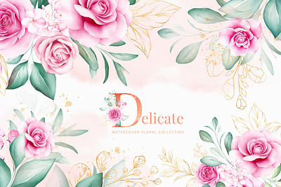 Delicate Watercolor Flowers Collection abstract border bundle decorative design floral flowers green hand painted illustration painting peach pink roses watercolor watercolor floral watercolor flowers