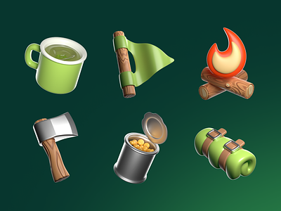 3D Icon Set — Camping and Travel 3d art camping canned food cook cup design fire flag green icon icons illustration object pack set tent tourism travel ui