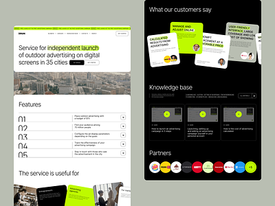 Corporate website for outdoor advertising advertising branding cards dark mode features first screen fullpage home page knowledge base landing page layout long scroll partners logo reviews title ui video background website design