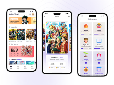 Anime Tracking App anime app concept design emoji graphic design illustration light luffy manga mobile mobile app one piece purple tracking trend typography ui ui design ux
