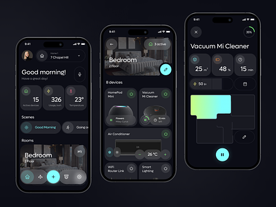 Smart Home | App Design 🏠💡 ac app automation clever dark dark mode home home automation house mi home mobile mobile app design mobile design remote control saas smart smart app smart home smart home app vacuum cleaner