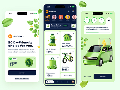 Ecocity — eCommerce APP 3d app application buy cart eco ecommerce feed green market mobile onboarding product progress registration shop social steps ui ux