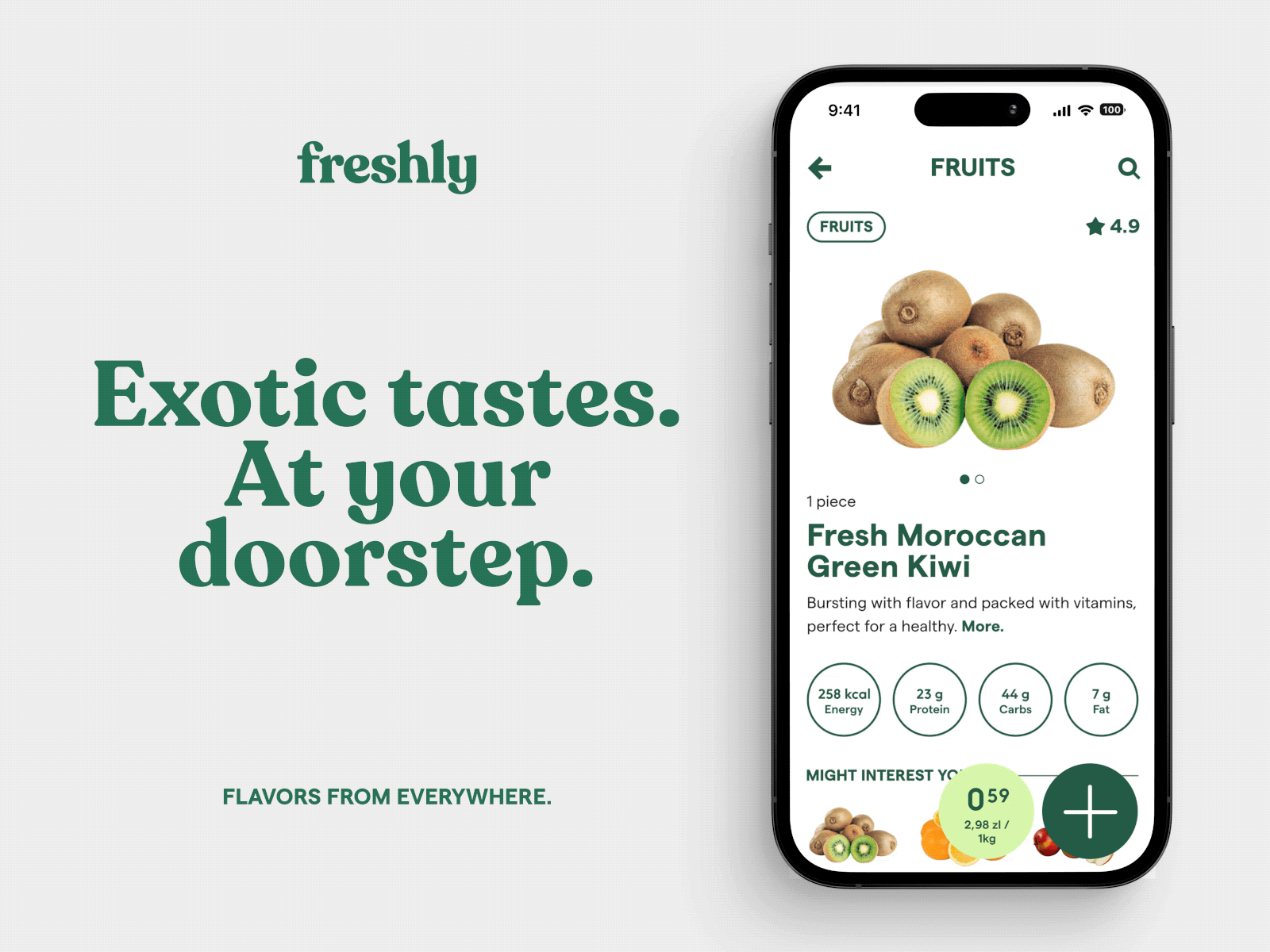 Freshly Grocery App animation clean design fruits groceries iphone listing page motion pls pop product page shopping typo typography ui ux