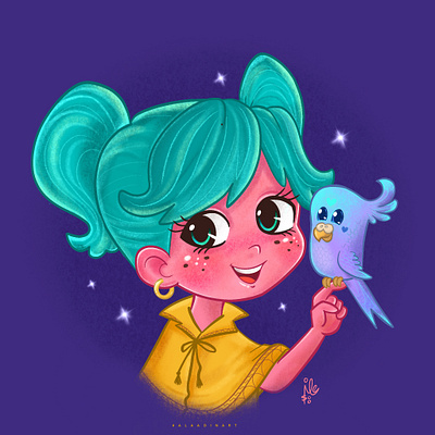 Little Green-haired Girl and her Magical Bird Friend cartoon illustration mascot mascot logo vector