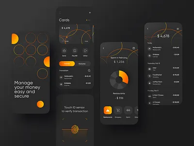 Bank App app bank bank app banking card color credit card dark manage mobile bank mobile banking orange scan secure statistics transaction ui ux