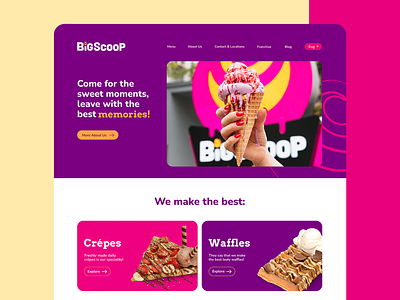 BigScoop - Web Design colors contact crepe homepage icecream illustrations interface landingpage pink purple sweet sweets uiux waffle web webdesign website
