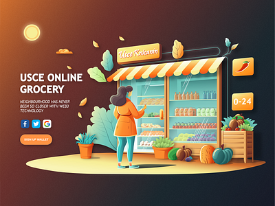 Storefront illustration | Landing Page branding character creative digital art ecommerce flat design gradient background graphic design grocery store illustration isometric design landing page marketing online grocery online shopping ui ux vector visual web design