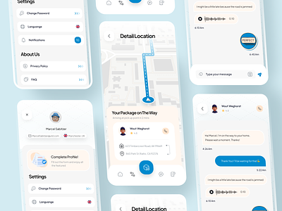 Shipping App - Delivery Service avatar call chating clean courier delivery design edit menu live tracking location message mobile shipping mobile tracking profile ship tracking ui uiux apps uiux delivery ux