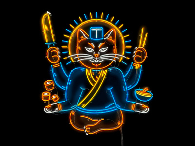 Balance is Everything バランスがすべて cat character digital illustration drawing glow graphic design illustration japan jeffrey dirkse light neon neon sign photoshop print restaurant sign signage sushi sushi chef vector