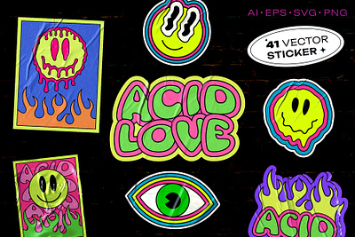 ACID LOVE STICKERS PACK 90s abstract acid art cool design drug emoji graphic groovy illustration patch pop rave smile sticker trendy trippy vector y2k