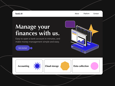 A landing page concept of bookkeeping accounting accounts ai black book bookkeeping cloud customer dat design finances graphic design landing page money storage data ui users ux website yellow