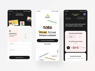 Create Pataa screens app application audio guide direction google maps gps interaction ios android landmark map mobile navigation neel photos prakhar rewards route sharma text to speech ui