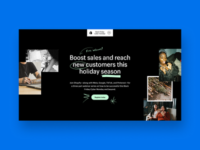 Landing page for Shopify BFCM webinar series branding graphic design ui