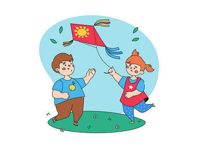 Children flying a kite - illustration character children design flat design fun hobby illustration kite leisure seasonal style vector weather wind
