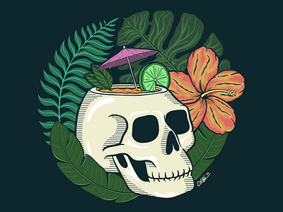 Mai Tai or Die • Tropical Graphic Illustration adobe fresco cocktail flowers hand drawn hibiscus illustration illustrator lime mai tai monsterra palm frond plants skull tropical vector