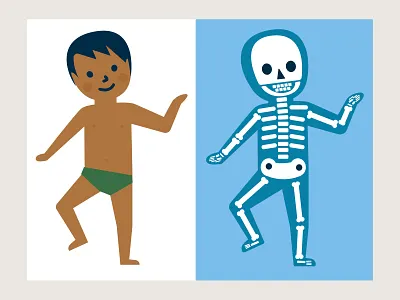 Moves bones boy character design children editorial illustration educational illustration science skeleton